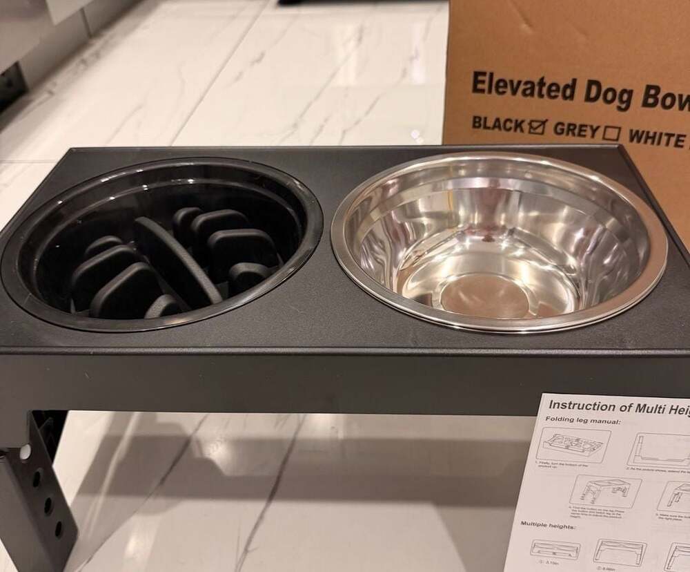 Dog Bowls - 5 Adjustable Heights with 2 Stainless Steel Bowls and Slow Feeder